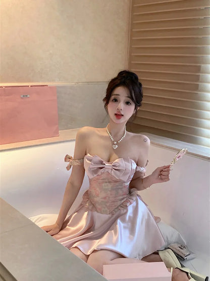 maoxiangshop Summer Pink Kawaii Floral Dress Women Patchwork Designer Y2K Party Mini Dress Female Korean Fashion Sexy Elegant Dress