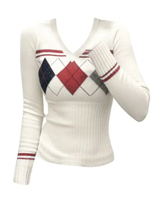 maoxiangshop  -  Fall Winter Woman French Fashion Vintage Coquette V-Neck Sweater Long Sleeve Gyaru Knitwears Pullovers Contrast Color Knitwears