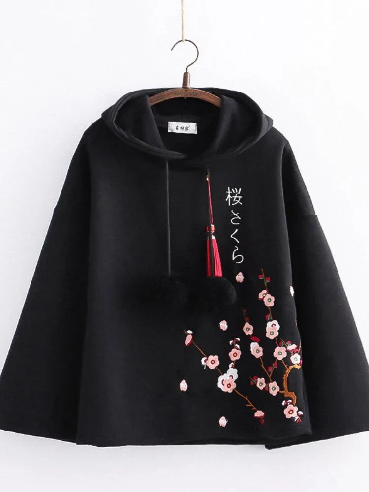 Women Hoodies Floral Embroidery Harajuku Hooded Sweatshirts Spring Flare Sleeve Vintage Korean Female Basic Daily Tops