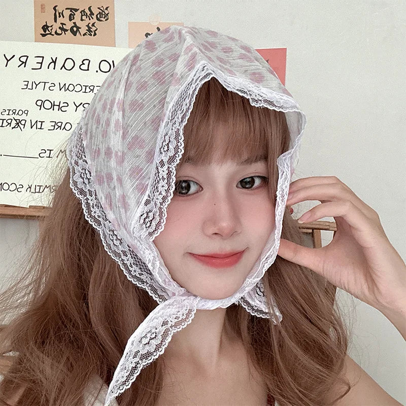 maoxiangshop Korean Lace Floral Hair Scarf Women Retro Triangle Hair Band Strap Hair Bag Headscarf Photo Headband Turban Accessorie