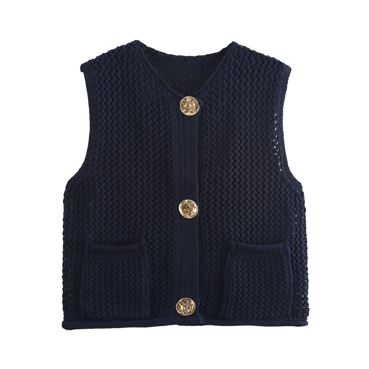 maoxiangshop  -  Vintage Knit Waistcoat Women Solid Round Neck Single Breasted Sleeveless Pocket Sweater Vests 2024 Autumn Winter Casual Lady Top