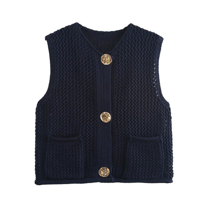 maoxiangshop  -  Vintage Knit Waistcoat Women Solid Round Neck Single Breasted Sleeveless Pocket Sweater Vests 2024 Autumn Winter Casual Lady Top