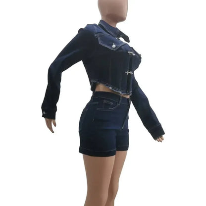 maoxiangshop  -  2024 Autumn Women Stretch Denim 2 Piece Set Metal Buckles Long Sleeve Irregular Jackets Crop Top + Shorts Jeans Matching Suits