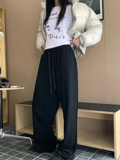 maoxiangshop  -  Sports Pants Women Solid Mopping Chic Casual Winter Daily 2025 Mujer High Waist Slim Loose All Match Streetwear