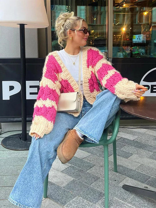 maoxiangshop  -  Color Blocking Knitted Cardigan For Women Casual Loose Long Sleeve Crop Sweater Female Streetwear Fashion Autumn Winter