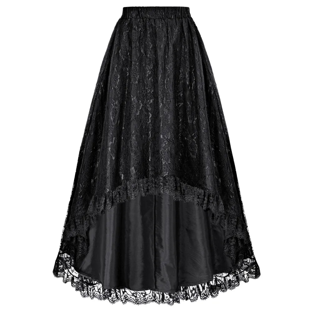 maoxiangshop Women Renaissance High-Low Skirt Vintage Gothic Steampunk Hight Elastic Waist Swing Skirt Victorian Lace Skirts A30