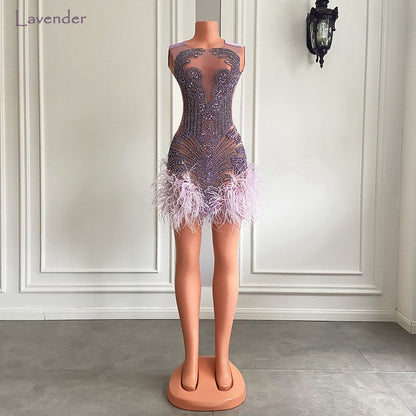 maoxiangshop Stunning Sparkly Luxury Diamond Women Birthday Party Cocktail Gowns Sexy Sheer Pink Feather Mini Short Prom Dresses