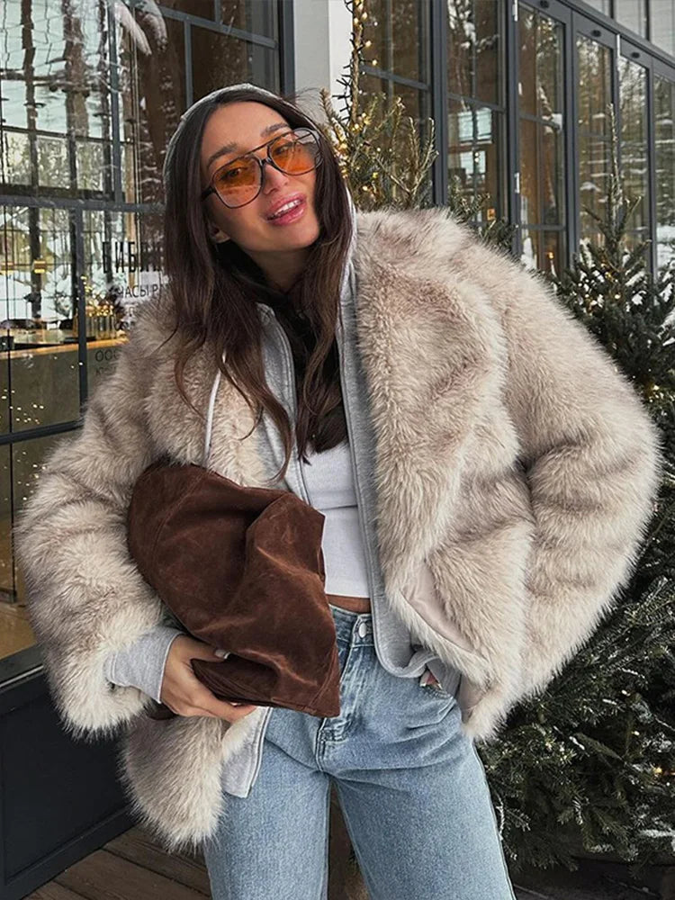maoxiangshop  -  Solid Faux Fur Women Overcoat Lapel Thicken Warm Lady Jacket 2024 Fashion Elegant Autumn Winter All Match Loose Female Coat