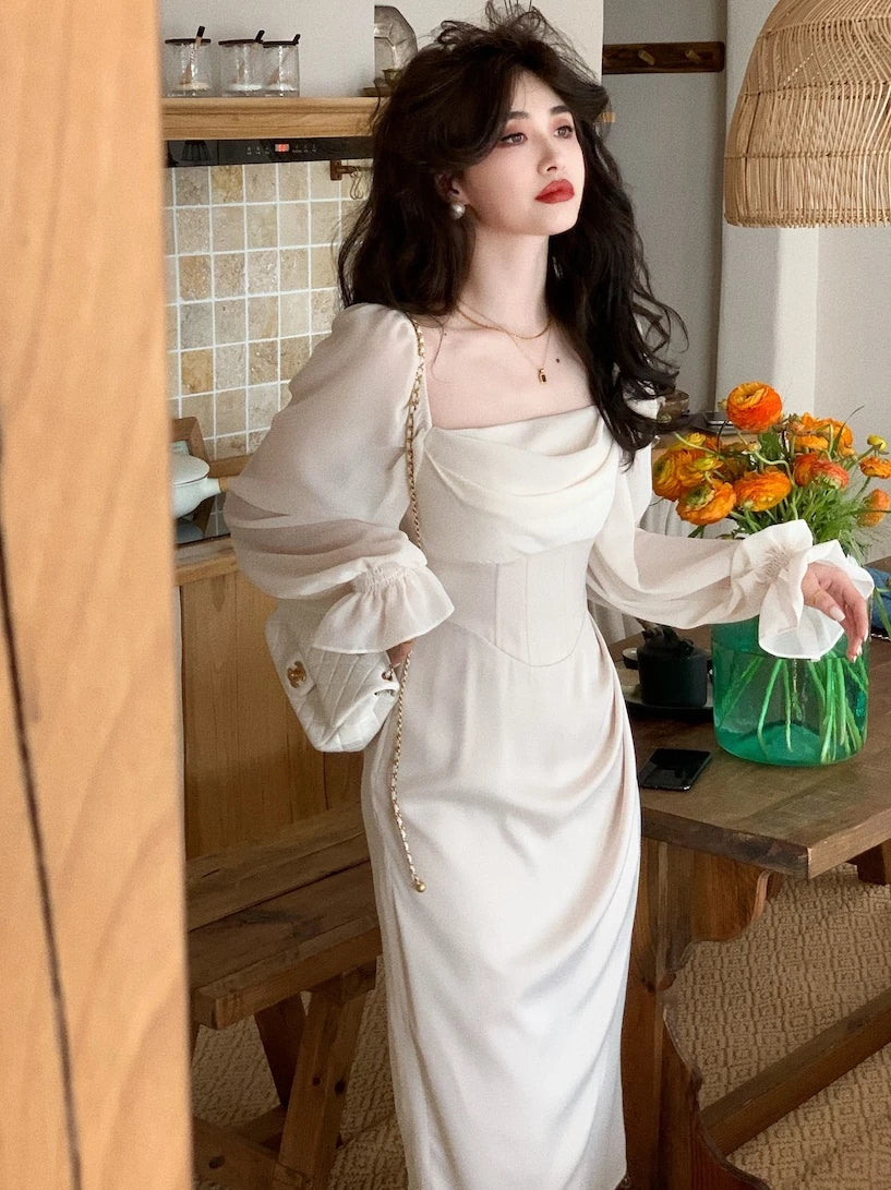 maoxiangshop Vintage Wedding Party Midi Dresses for Women Spring New Square Collar Long Sleeves Elegant Fashion Evening Prom Female Clothing