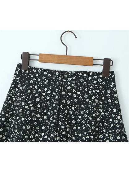 maoxiangshop  -   Cute Flower Print Ladies Summer A-Line Black Mini Skirts 2024 Girls Casual Zipper Fly Pink Short Skirt