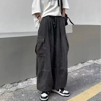 maoxiangshop 2024 Spring Autumn Men Baggy Jeans Men Wide Leg Pants Big Pockets Elastic Waist Streetwear Trousers Male Loose Denim Pants