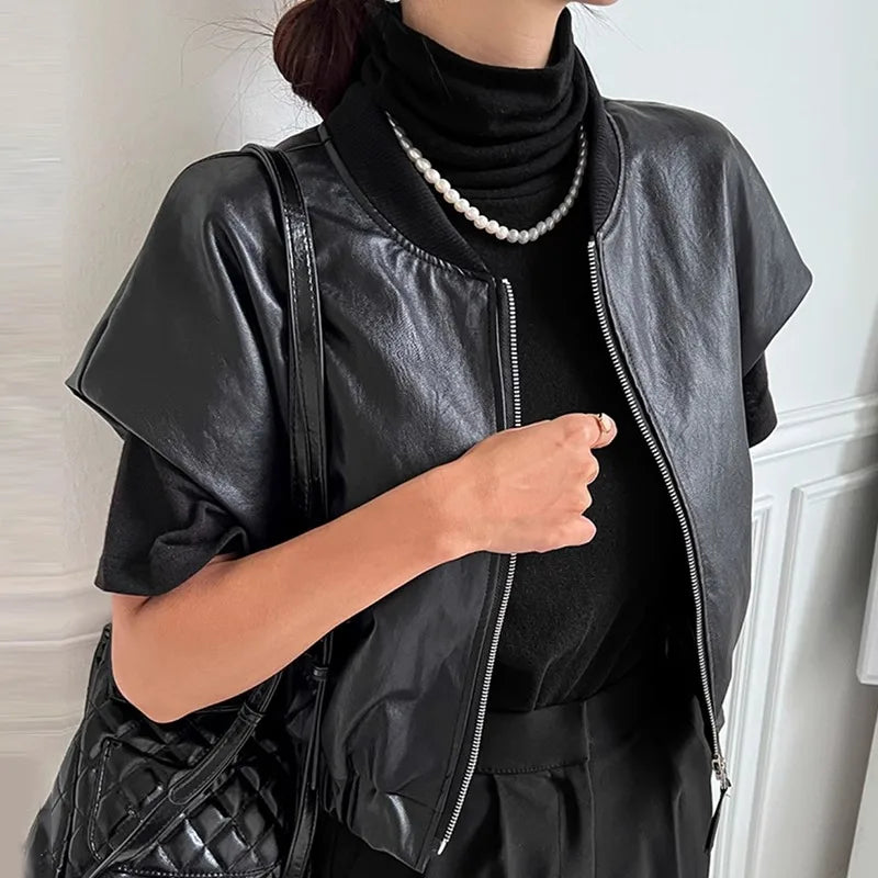 maoxiangshop  -  Retro High-End Leather Vest Women'S Autumn And Winter Round Neck Zipper Style Loose And Versatile Short Sleeved Jacket