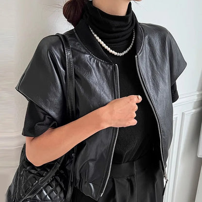 maoxiangshop  -  Retro High-End Leather Vest Women'S Autumn And Winter Round Neck Zipper Style Loose And Versatile Short Sleeved Jacket