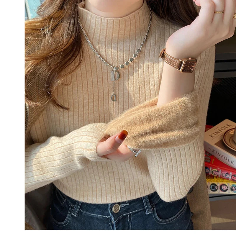 maoxiangshop Women Velvet Thicken Warm Sweaters Semi Turtleneck Knit Thermal Pullovers Solid Ribbed Sweater Women 2024 Fall and Winter