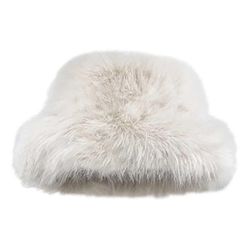 maoxiangshop  -  Y2K Fluffy Faux Fur Bucket Hat Women Winter Warm Thick Plush Ear Warmer Panama Fisherman Cap Lady Luxury Elegant Party Basin Hat