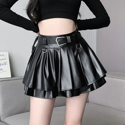 Y2K Pu Leather Mini Skirt Women Streetwear Belt Pleated Skirts Harajuku Korean Fashion High Waist Black A Line Skirt New
