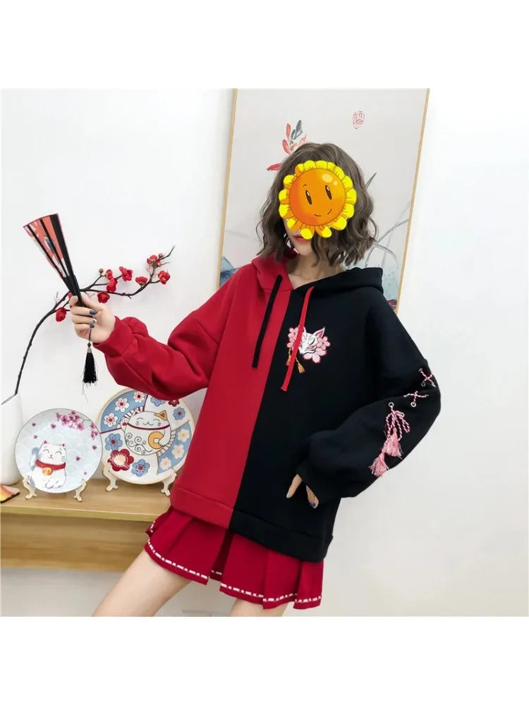 maoxiangshop Harajuku Contrast Cartoon Embroidery Casual Fleece Pullover Hoodies Sweatshirt Women Winter Long Sleeve Korean Female Top