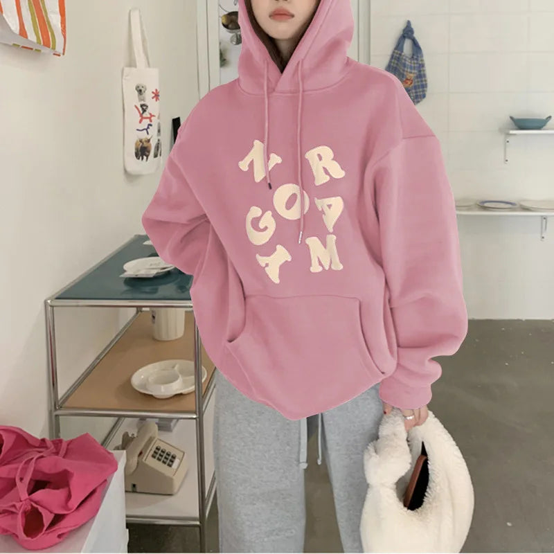 maoxiangshop Korean Autumn Winter Letter Print Hoodie Women Casual Long Sleeve Pullover Tops Hood Shirt Harajuku Oversize Sweatshirt Y2k 후드티