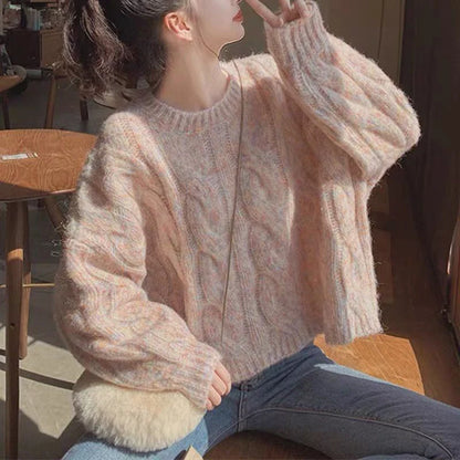 maoxiangshop Japan Sweet Women Knitted Sweater Fashion Loose Preppy Style Jumper Lazy Wind O Neck Long Sleeve Fall Lady Wool Pullovers