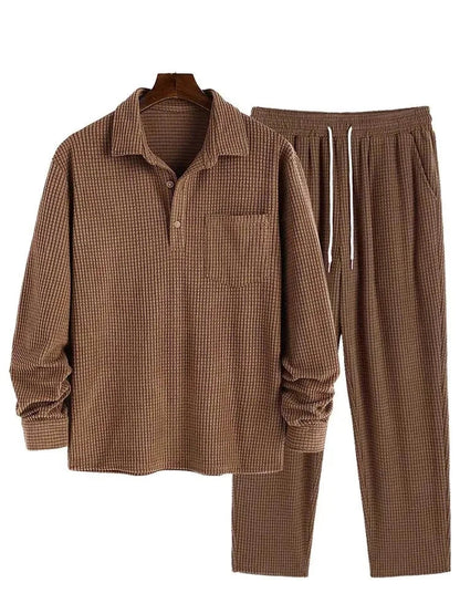 maoxiangshop Men's Two Piece Set Solid Polar Fleece Turn-down Collar Long Sleeves Shirt with Drawstring Straight Pants Set Z5107952