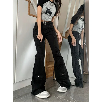 maoxiangshop  -  Y2k Streetwear Cargo Jeans Women Black Gyaru Gothic Grunge Flare Denim Pants Vintage Korean Style Tights Trousers Baddies