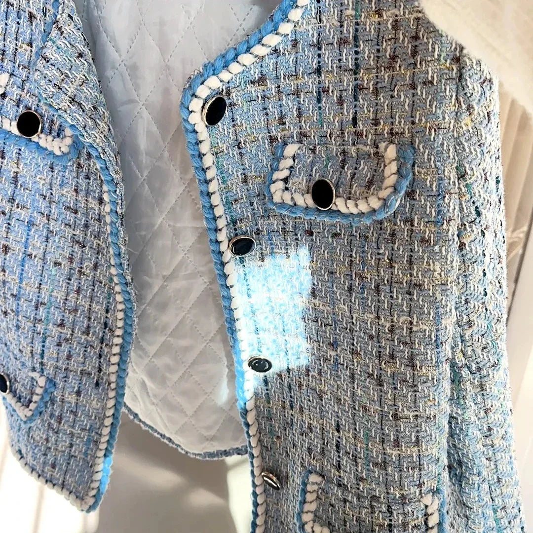 2024 Autumn Winter New Blue Tweed Knitted Coat Women's French Style Overcoat Small Fragrant Style Outwear Suit Top Short Jacket