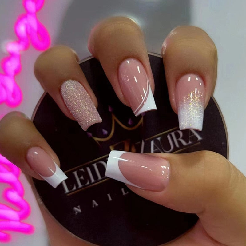 24pcs Summer False nails with designs Charms Flame Long Ballerina Fake Nails Wearable Coffin french Nails Tips Press On Nails