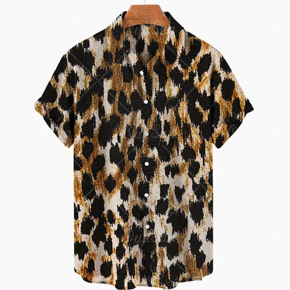 maoxiangshop Short Sleeve Leopard Men's Shirts For Man Clothing Hawaiian Fashion 3D Print Thin Lapel Floral Casual Oversized Imported Camisa