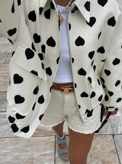 maoxiangshop  -  Women New Fashion Contrasting Love Printed Zipper Jacket Elegant Lapel Long Sleeves Pocket Loose Coat Autumn Chic Lady Outerwear