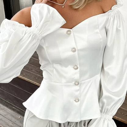 maoxiangshop  -  Elegant Women Shirt 2024 Autumn Winter Satin shirt White Ruffle Hem Buttoned Off Shoulder Strap Long Sleeve Slim Fit Blouse
