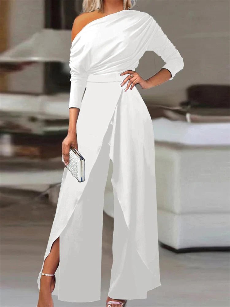 maoxiangshop Elegant Jumpsuits for Women 2024 Spring New Plain Elegant Office Lady Loose Ruched Cold Shoulder Split Hem Wide Leg Jumpsuit