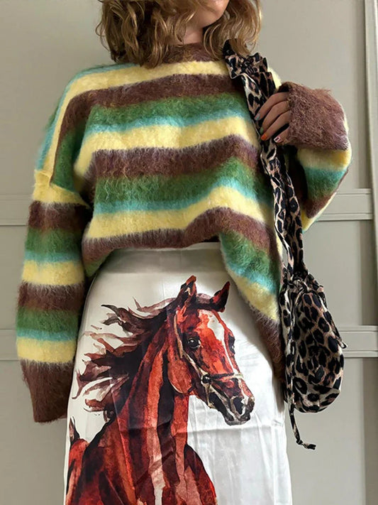maoxiangshop  -  Casual Striped Mohair Sweater Women Loose Contrast O-neck Long Sleeve Pullovers 2024 Autumn Winter Lady Street Outwear