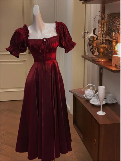 maoxiangshop Elegant French White Wedding Party Dress Women Vintage Burgundy Romantic Prom Vestidos Summer Korean A-line Graduation Dresses