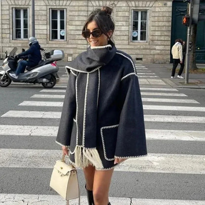 maoxiangshop  -  Fashion Loose Women Coat With Scarf Long Sleeve Pocket Single Breasted Female Coat 2024 Autumn Winter Fashion Lady Street Jacket