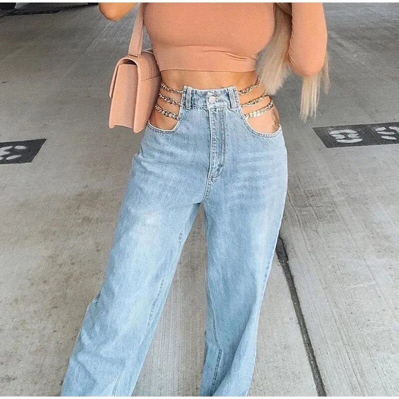 2023 Women Summer Sexy High Waist Jeans Washed Chain Straight Side Hollow Patchwork Blue Long Pants Zipper Pocket Denim Trousers