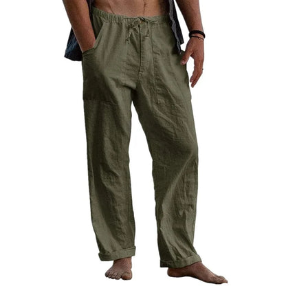 maoxiangshop New Men's Cotton Linen Pants Summer Solid Color Breathable Linen Trousers Summer elastic waist drawstring loose pants