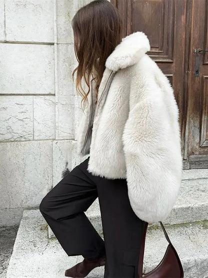 maoxiangshop  -  Warm Thick Zipper Lapel Pocket Faux Fox Fur Coat Women's Long Sleeved Fluffy Jacket 2024 Winter Lady High Street Outercoat
