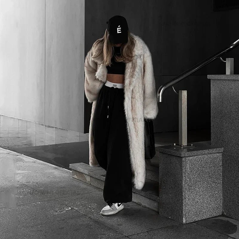 maoxiangshop  -  Vintage Luxury Long Faux Fox Fur Coat Women 2024 Winter Warm Fluffy Fur Jacket Female Street Furry Outerwear Overcoat