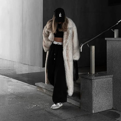 maoxiangshop  -  Vintage Luxury Long Faux Fox Fur Coat Women 2024 Winter Warm Fluffy Fur Jacket Female Street Furry Outerwear Overcoat