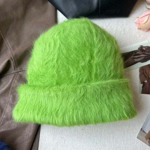 maoxiangshop New Fashion Rabbit Fur Y2k Beanies for Women Soft Warm Fluffy Angola Winter Hat Female Windproof Bonnet Hat Skullies Cap