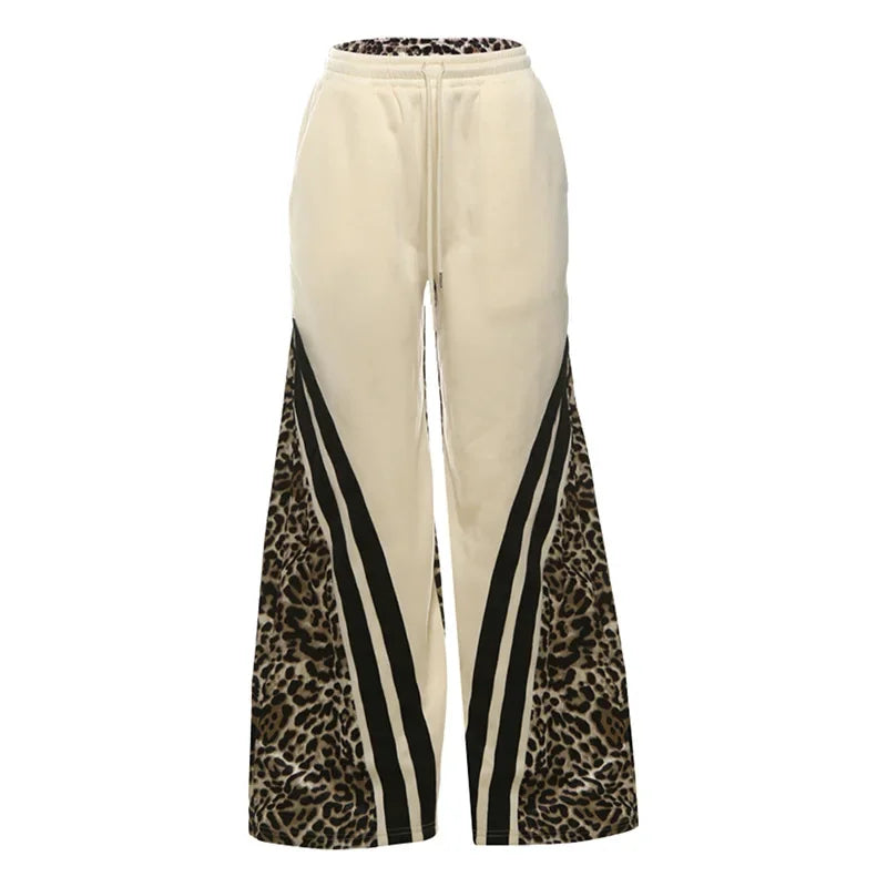 maoxiangshop  -  Stripe Leopard Patchwork Women Flare Pants 2024 Autumn Drawstring High Waist Loose Casual Streetwear Trousers Female Sweatpants