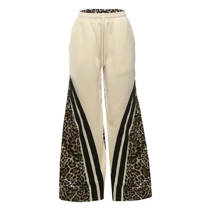maoxiangshop  -  Stripe Leopard Patchwork Women Flare Pants 2024 Autumn Drawstring High Waist Loose Casual Streetwear Trousers Female Sweatpants