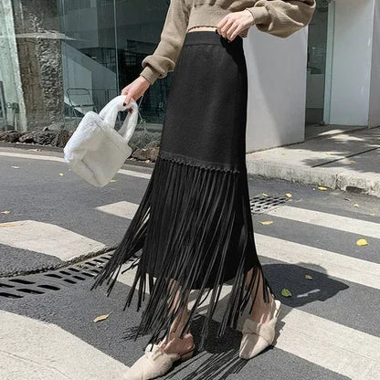 maoxiangshop French Chic Tassel Long Skirts for Women A-line High Waist Female Faldas Ajustadas Ladies Autumn Fashion Maxi Skirt