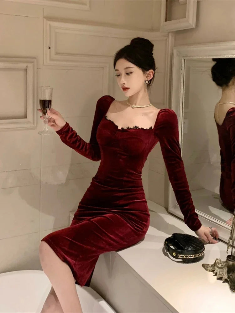 maoxiangshop NEW YEAR DRESS TO IMPRESS Autumn Winter Dresses Women Elegant Sexy Square Collar Slim Long Sleeve Vintage Velvet Dress Female French Style Chic