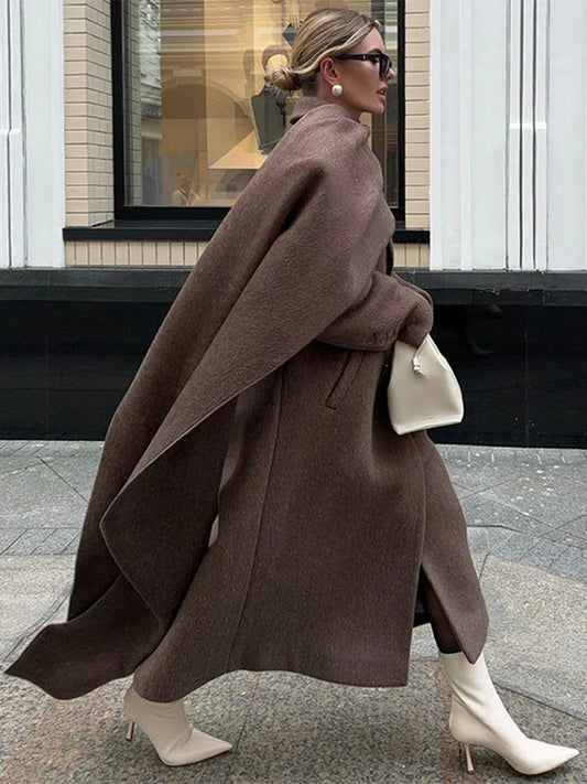 maoxiangshop  -  Brown Woolen Women Coats With Scarf Loose Full Sleeve Double Breasted Long Overcoat 2024 Autumn Lady High Street Outwear