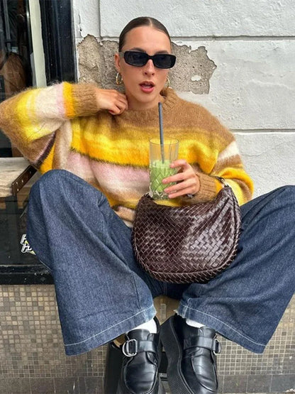 maoxiangshop  -  Fashion Contrast Stripled Sequins Women Sweater Autumn Lady Vintage O-neck Long Sleeve Pullover Warm Fluffy Knitted Jumpers