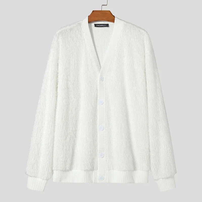 maoxiangshop Men Sweaters Solid Color Plush V Neck Long Sleeve Casual Cardigan Men Streetwear Fashion Leisure Knitted Outerwear