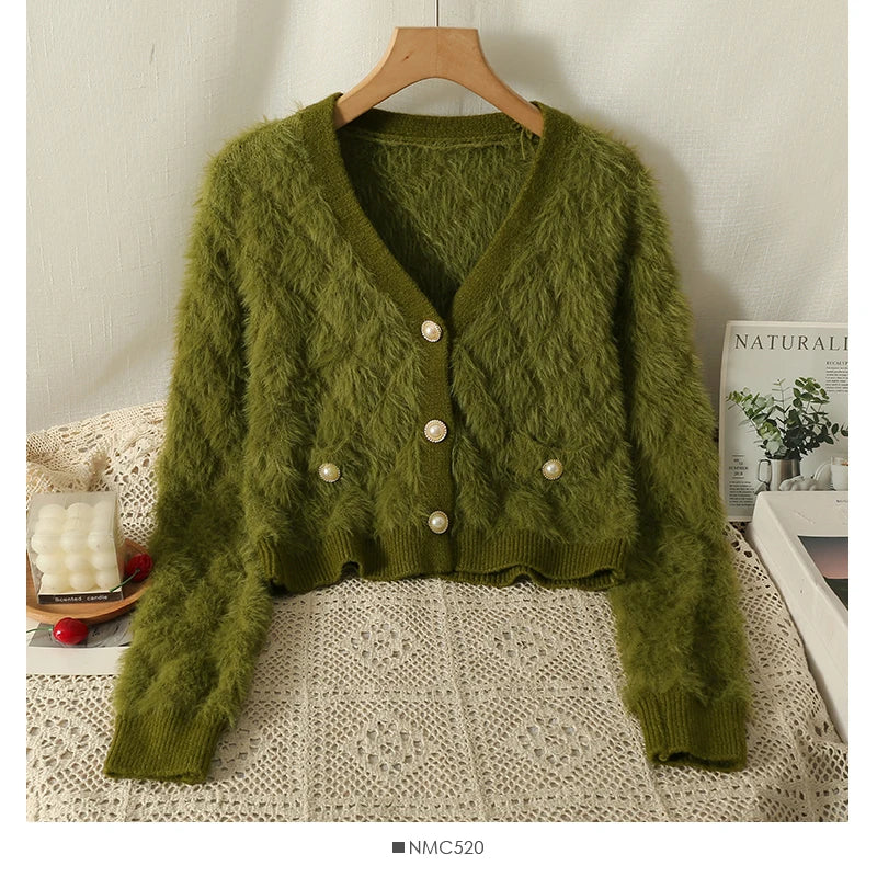 maoxiangshop Women Mohair Cardigan Blue Soft Fuzzy Knit Sweater with Pearl Button Autumn Winter