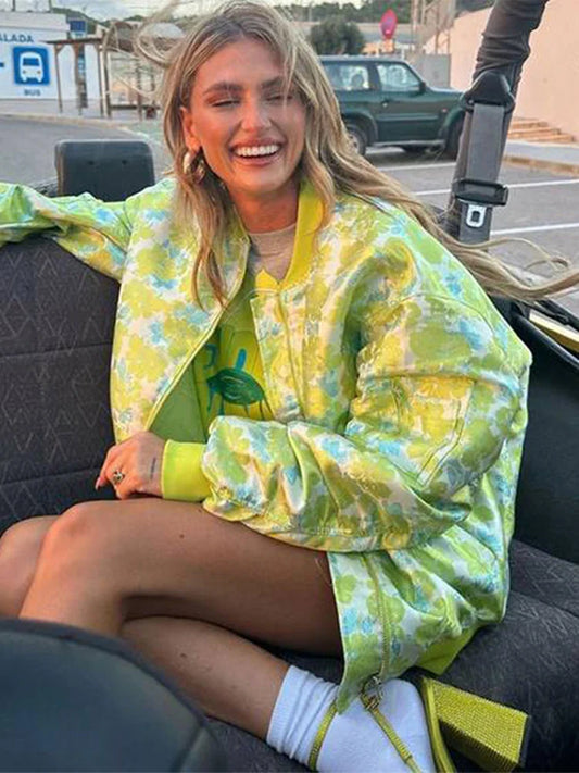 maoxiangshop  -  Casual Printed Women Jacket Commute O-neck Long Sleeves Zipper Female Jacket High Street Bohemian Oversize Lady Coat 2024 Autumn