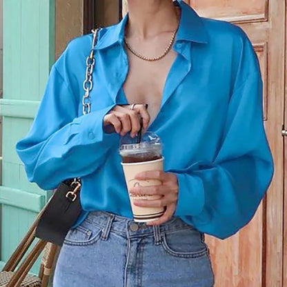 maoxiangshop  -  Autumn Office Lady Loose Turn Down Collar Button Clothes Fashion Blue Shirt New Long Sleeve Shirt for Women Blusas
